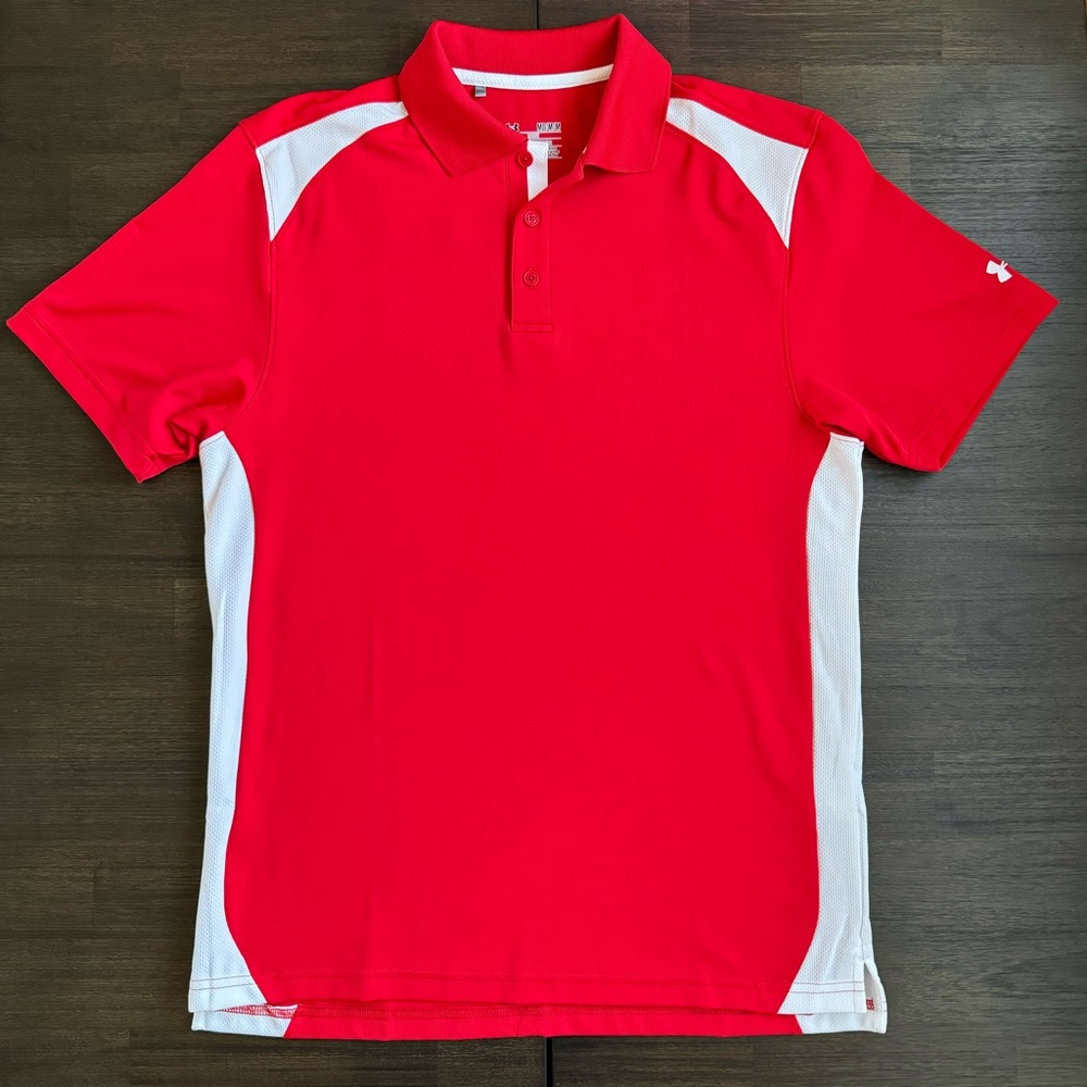 Under Armour Men's Red/White Color Block Polo Shirt Medium